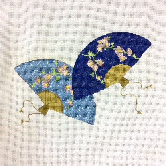 Handcrafted World Map Japanese Fan Finished Cross Stitch Art On Canvas - Picture 2 of 6